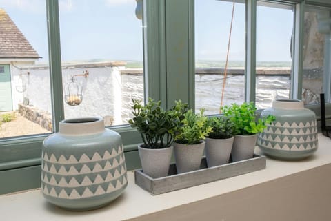 Window with views over the coastal path. Various plant pots and vases