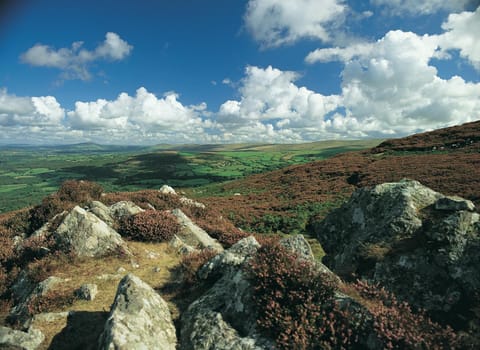 Top of Carn Ingli hill in Newport Pembrokeshire with countryside green field views below