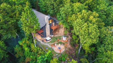 Aerial view of our cozy mountain cabin and backyard