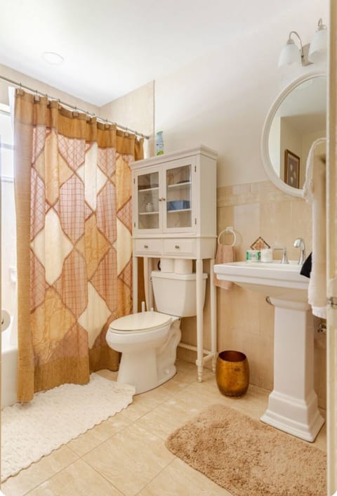 Combined shower/tub, hair dryer, towels, soap