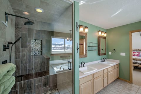 Shower, jetted tub, hair dryer, towels