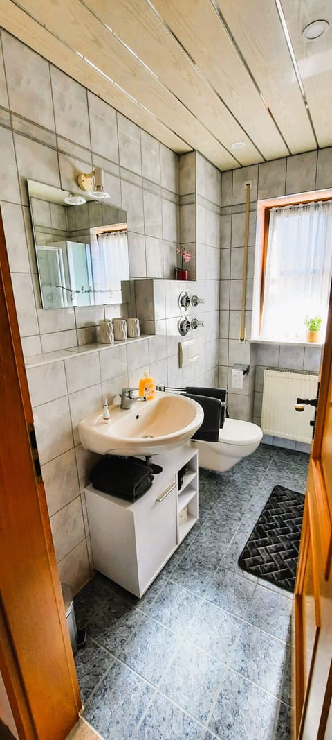 Combined shower/tub, hair dryer, towels, soap