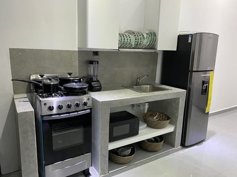 Fridge, microwave, oven, coffee/tea maker