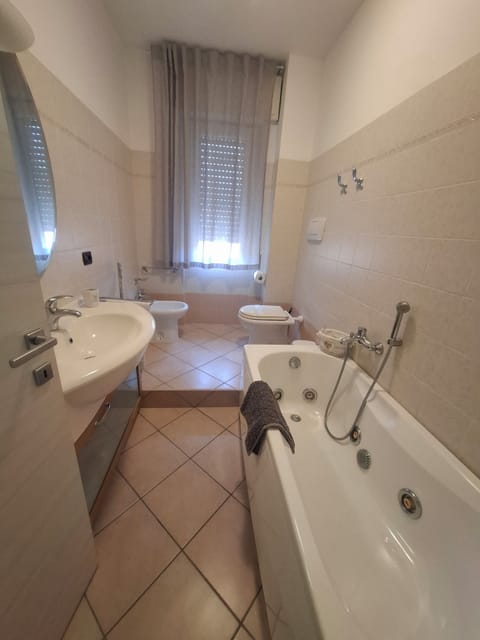 Shower, jetted tub, hair dryer, bidet