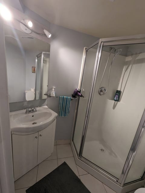 Combined shower/tub, hair dryer, towels, soap