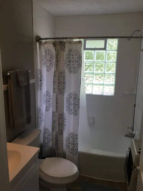 Combined shower/tub, bidet, towels, soap