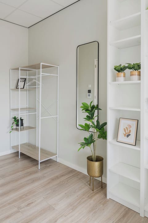 Minimalist corner featuring a sleek white shelving unit, a gold planter with vibrant greenery, a full-length mirror, an open wardrobe, and light wood flooring.