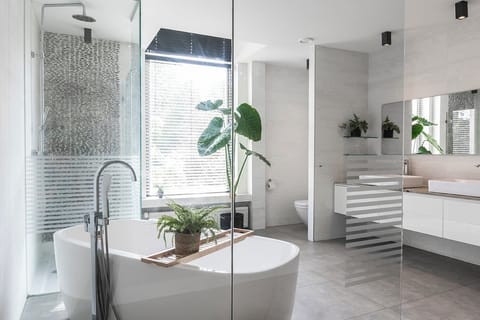 Modern and stylish bathroom with a sleek design.