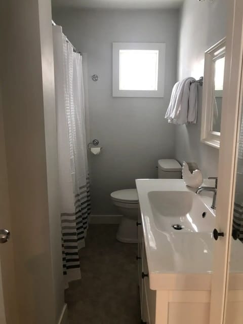 Combined shower/tub, hair dryer, towels, soap