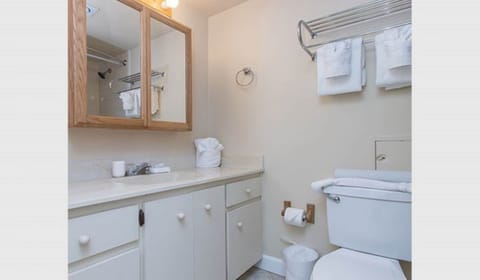 Combined shower/tub, hair dryer, towels, soap