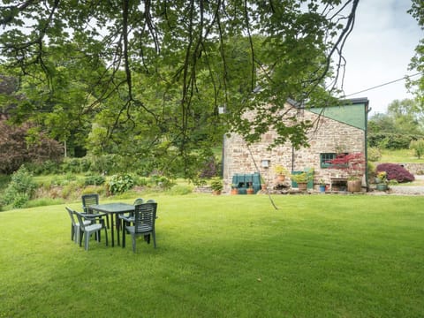 Large lawn with outdoor table and chairs, side view of house