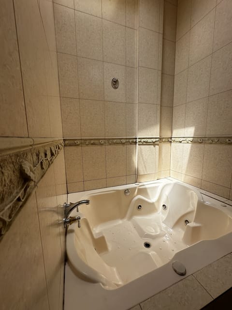 Combined shower/tub, jetted tub, towels, soap