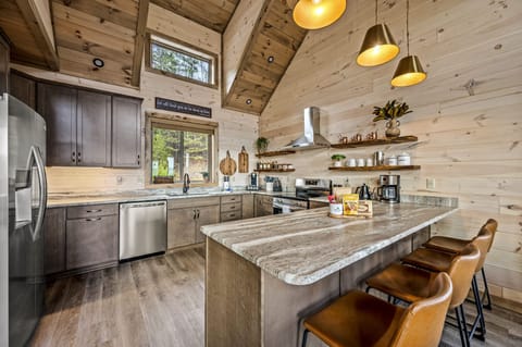 Our kitchen is equipped with Nespresso, a coffee nook, stove, pots and pans, and dinnerware. Fridge, microwave, dishwasher