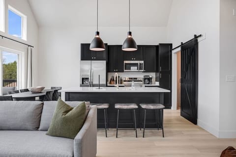 Interior-designed and fully-stocked modern kitchen with stainless steel appliances, granite countertops, and bar seating for 4 people