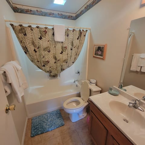 Combined shower/tub, towels, soap, toilet paper