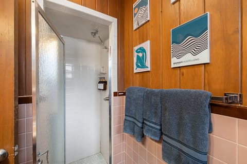 Combined shower/tub, hair dryer, towels, soap