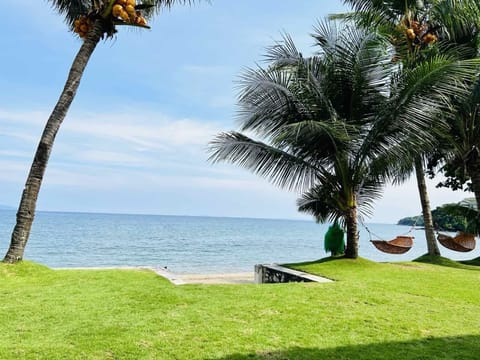 On the beach, sun loungers, beach towels