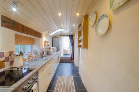 Tal y Gaer galley kitchen with steps and door leading to conservatory