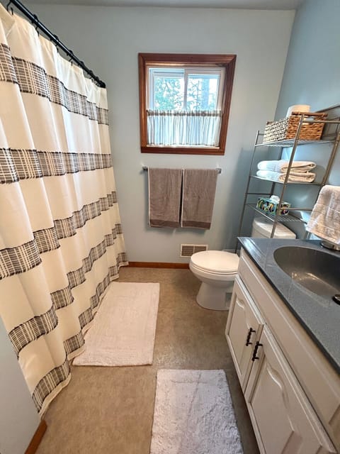 Combined shower/tub, hair dryer, towels, soap