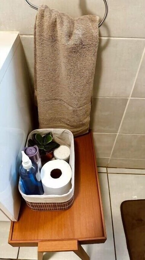 Shower, towels, soap, toilet paper