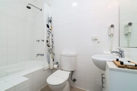 Combined shower/tub, hair dryer, towels, soap