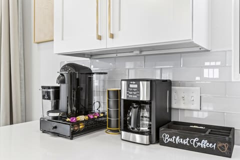 Can't start your day without coffee? We've got you covered with a Nespresso with pods, drip coffee machine, and french press.
