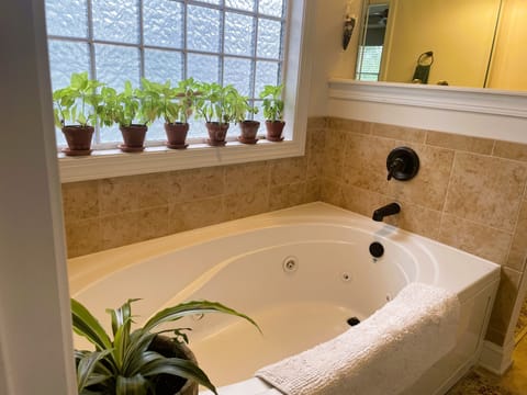 Jetted tub, eco-friendly toiletries, hair dryer, towels