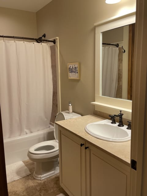 Combined shower/tub, towels, toilet paper