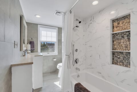 Combined shower/tub, hair dryer, toilet paper