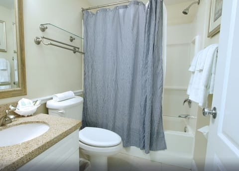 Combined shower/tub, towels, toilet paper