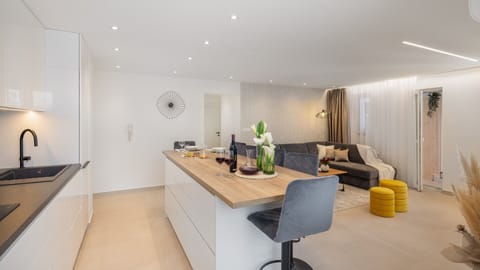 A modern living room with a spacious sofa and a fully equipped kitchen in the Silvery apartment in the center of Split
