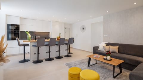 Modern living room and fully equipped kitchen inside the luxury apartment Silvery Split

