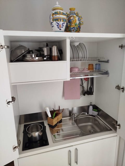 Fridge, stovetop, electric kettle, cookware/dishes/utensils