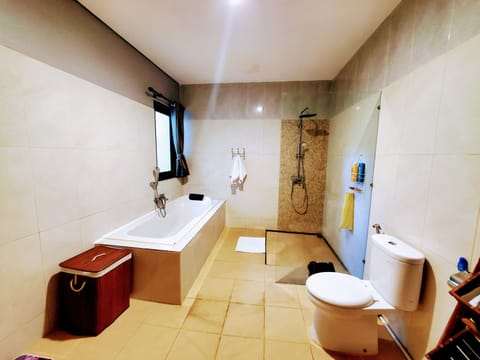 Combined shower/tub, bidet, towels, toilet paper
