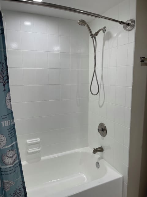 Combined shower/tub, hair dryer, towels, toilet paper