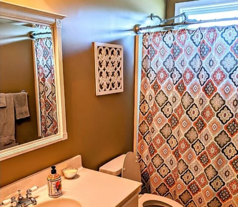 Combined shower/tub, hair dryer, towels, soap