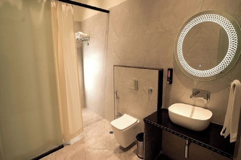 Shower, eco-friendly toiletries, hair dryer, towels