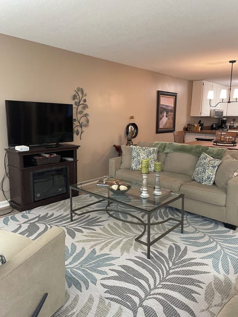 Living room with electric fireplace.