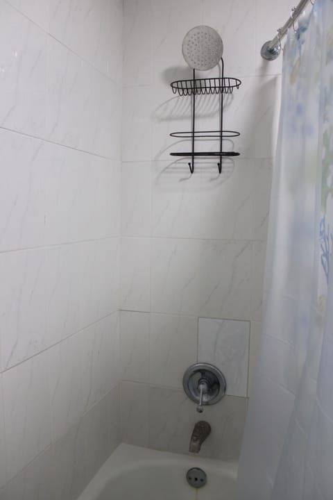 Combined shower/tub, hair dryer, towels, soap