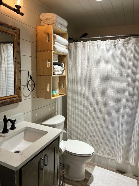 Combined shower/tub, hair dryer, towels, soap