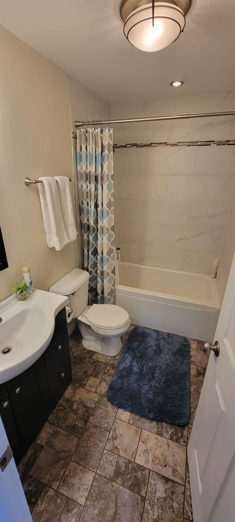 Combined shower/tub, hair dryer, towels, soap