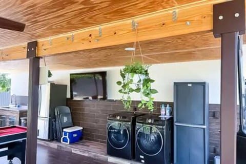 A washer and dryer are conveniently located on the patio, with detergent provided for your use. Enjoy the ease of doing laundry during your stay.