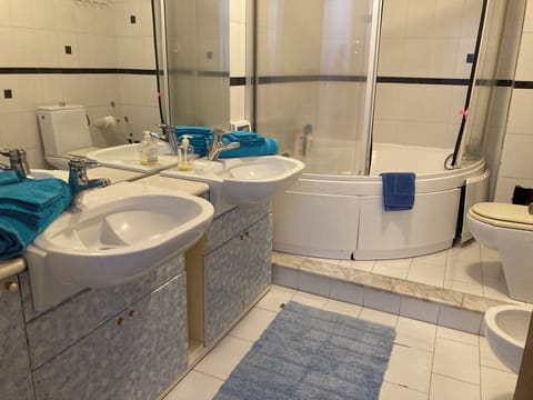 Shower, jetted tub, hair dryer, bidet