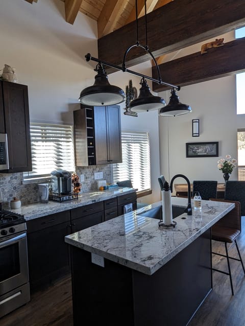 Fully equipped kitchen with dimmable lights and new Frigidaire appliances.