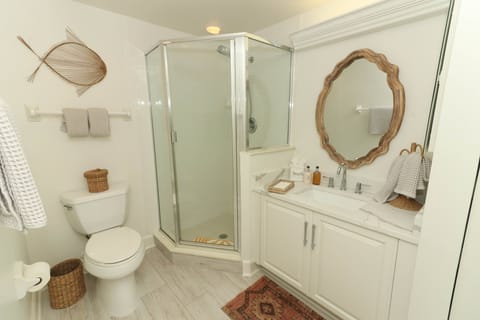Combined shower/tub, jetted tub, towels, toilet paper