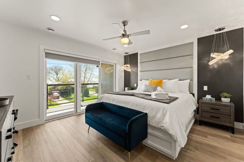 Floor-to-ceiling windows framing the city skyline