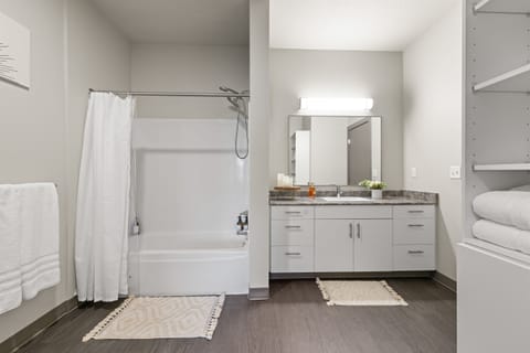 Combined shower/tub, hair dryer, towels