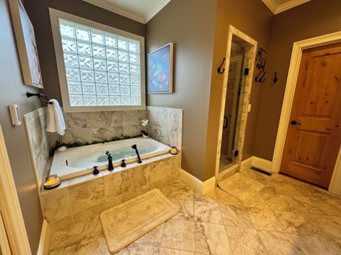 Combined shower/tub, jetted tub, hair dryer, towels