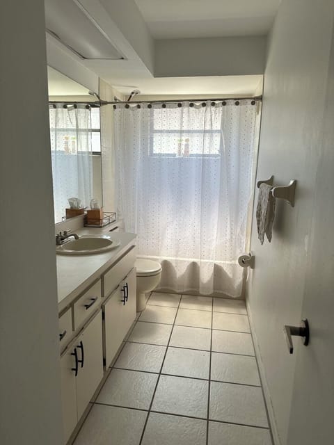 Combined shower/tub, hair dryer, towels, soap