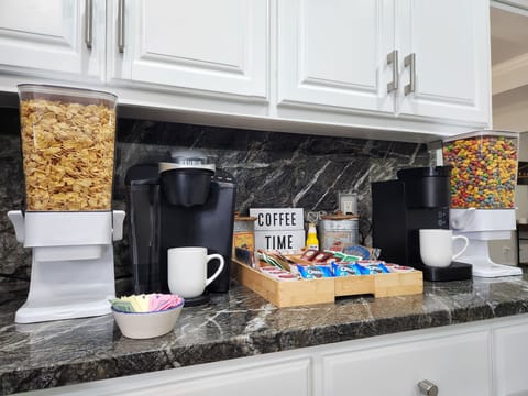 Fully stocked Keurig breakfast coffee bar.